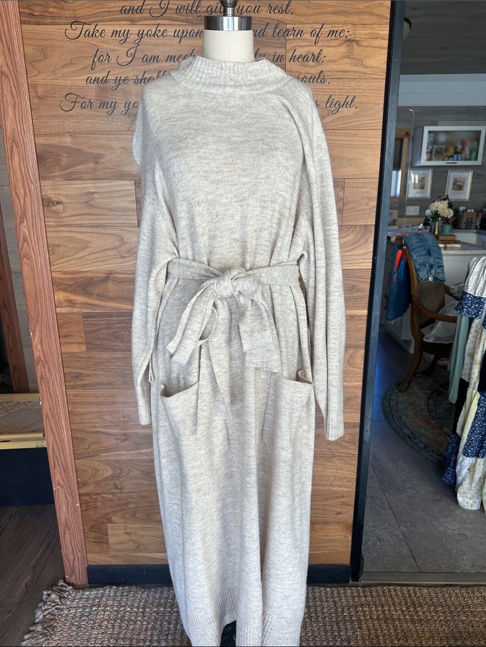 Lane Bryant Cream Knit Cowlneck Belted Sweater Dress